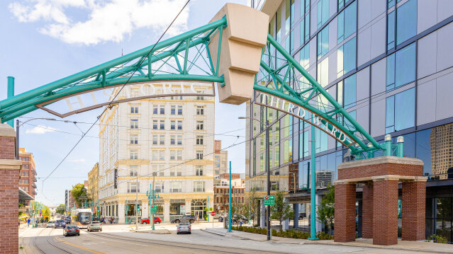 Milwaukee Public Market and Historic Third Ward gateway at night