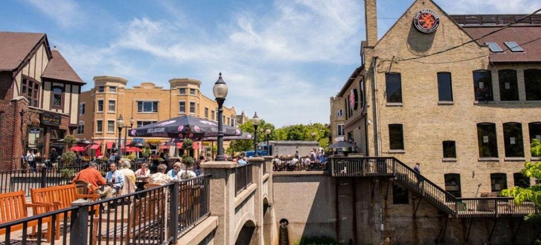Wauwatosa village bridge and outdoor dining along the Menomonee River